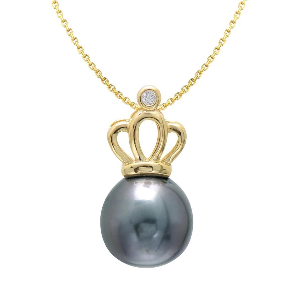 Cultured Tahitian Black Pearl Sterling Silver Crown Pendant Necklace